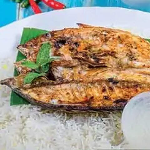 وعده ماهی کبابی با برنج و سالاد